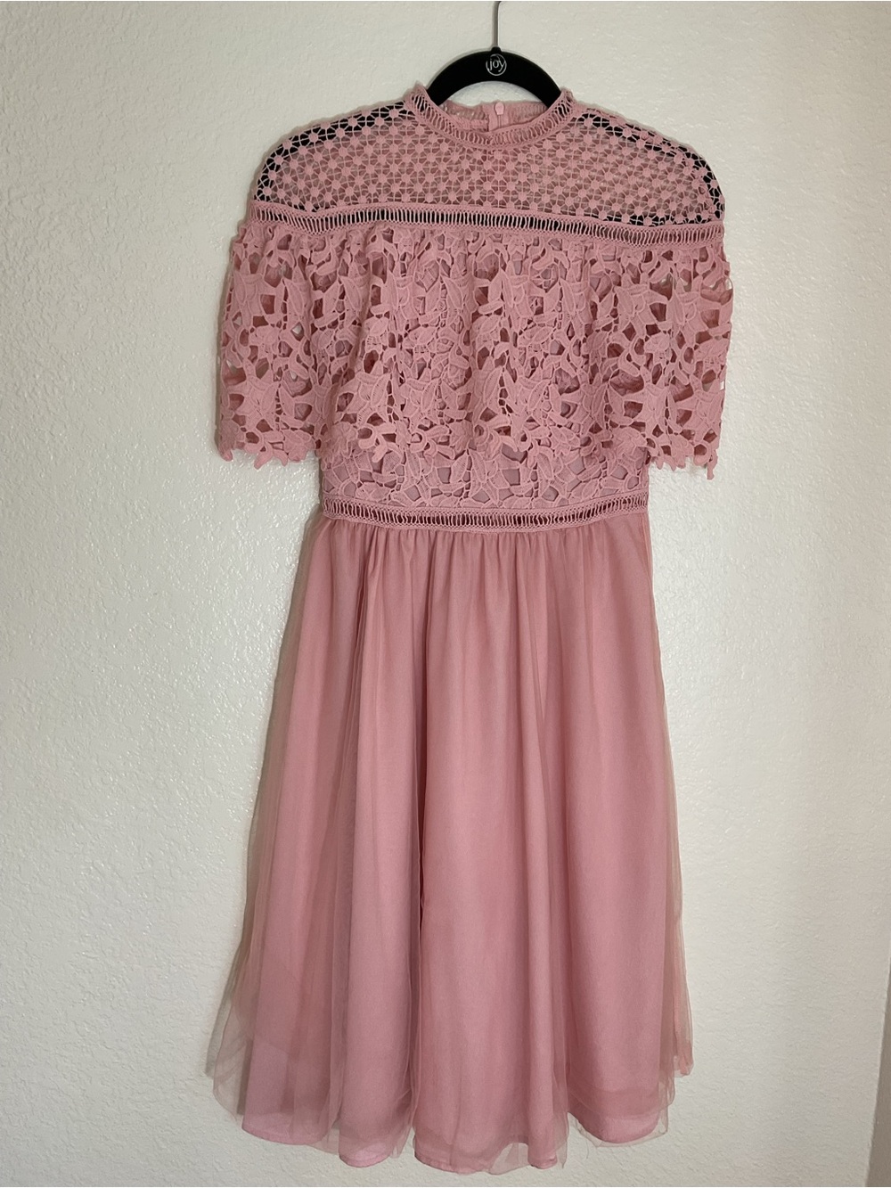 Blush Pink Lace Fit & Flare Midi Dress Mock Neck Size S